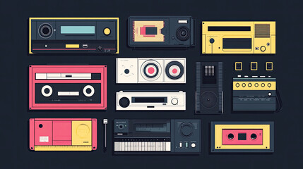 Fototapeta premium Radio, tape recorder, music products, cassette tapes, black background illustrations