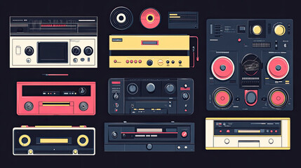 Fototapeta premium Radio, tape recorder, music products, cassette tapes, black background illustrations