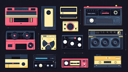 Radio, tape recorder, music products, cassette tapes, black background illustrations