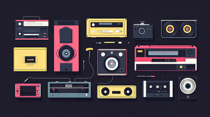 Obraz premium Radio, tape recorder, music products, cassette tapes, black background illustrations