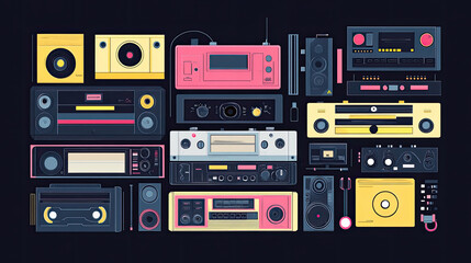 Radio, tape recorder, music products, cassette tapes, black background illustrations