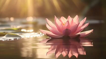 2410 66.A beautiful pink lotus flower floating on calm water, bathed in soft sunlight. The sunâ€™s rays create a warm, glowing effect on the petals, while the water beneath reflects the flower,