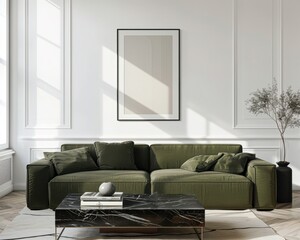 Fototapeta premium 「モダンなリビングルームインテリア。快適なグリーンのソファ、スタイリッシュなコーヒーテーブル、エレガントな壁のモールディング。自然光が差し込み、温かみのある魅力的な雰囲気を演出しています。」