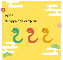 かわいい3匹のヘビ2025年の年賀状_黄色_正方形