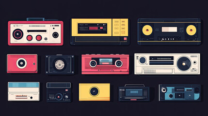 Radio, tape recorder, music products, cassette tapes, black background illustrations