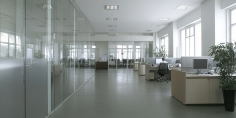 Obraz premium Modern Office with Glass Partitions and Professionals at Work