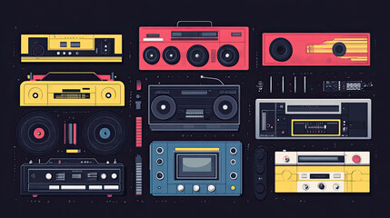 Fototapeta premium Radio, tape recorder, music products, cassette tapes, black background illustrations
