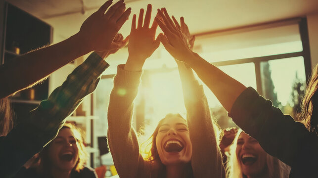 Joyful moments are shared as friends celebrate together, raising their hands in excitement and laughter. warm sunlight enhances cheerful atmosphere, creating sense of unity and happiness