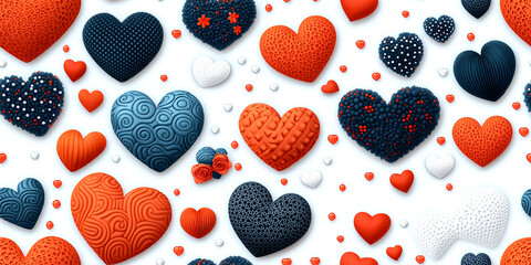 A collection of hearts in various colors and sizes are arranged in a pattern on a white background. Concept of warmth and love, as the hearts are often associated with these emotions