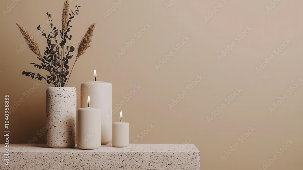 Poster a serene display of candles and dried flowers on a textured table against a muted beige wall, creati