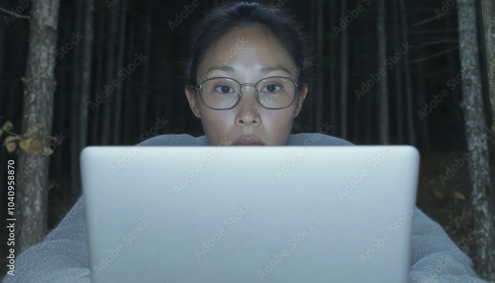 Poster focused scientist analyzing data on laptop in nighttime autumn forest