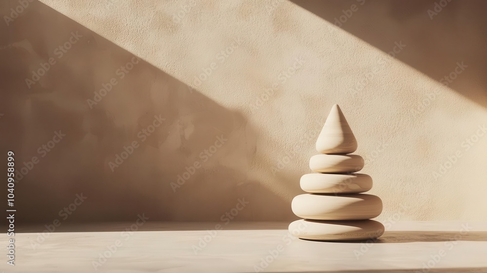 Poster a minimalist stack of smooth stones positioned on a neutral backdrop, illuminated by soft light crea