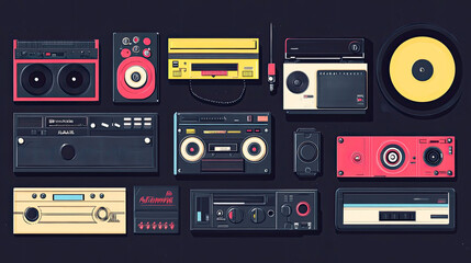 Radio, tape recorder, music products, cassette tapes, black background illustrations