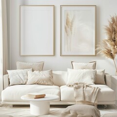 「ミニマルなリビングルームインテリア。モックアップのポスターフレーム、白いソファ、クッション、コーヒーテーブル、ススキ。3Dレンダリングイラスト。