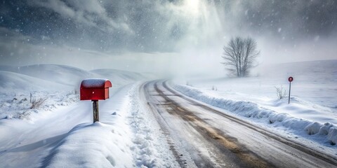 A solitary red mailbox stands sentinel on a snow-covered road winding through a misty, wintery landscape.