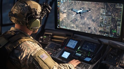 A soldier operates a high-tech monitor displaying drone imagery, showcasing military technology and surveillance capabilities.