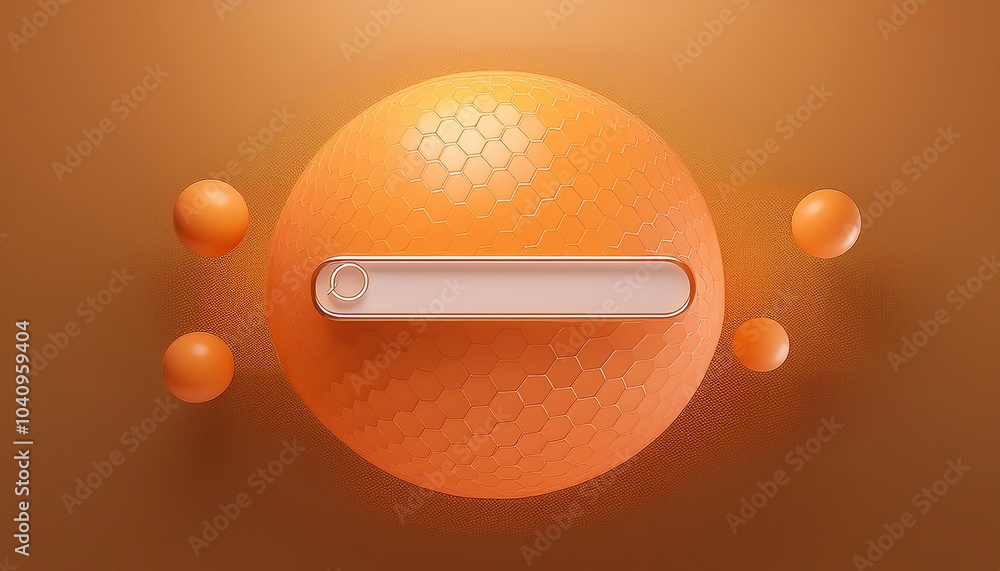 Poster a stylized orange sphere features a search bar, surrounded by smaller spheres, creating a modern and