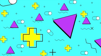 Colorful geometric shapes on a vibrant blue background seamless 4k video background motion pop art design