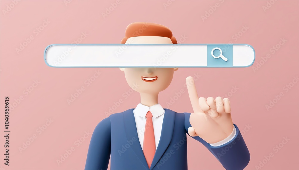 Poster a professional character gestures towards a blank search bar, representing online inquiry and digita