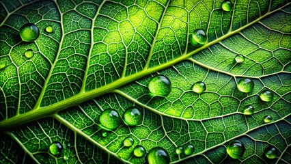 Obraz premium A Close-Up View of Dewdrops Glistening on a Vibrant Green Leaf, Revealing Intricate Veins and a Captivating Natural Pattern