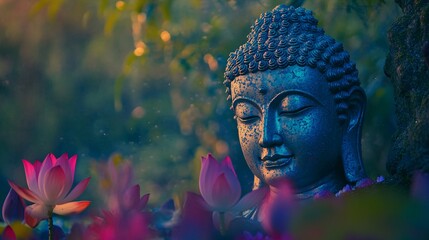 2410 99.A Buddha head statue captured in soft focus, framed by vibrant lotus flowers and a colorful bokeh effect. The forest in the background blends gently into the scene, with warm, diffused light