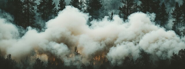 Wildfire Smoke Billowing Through Forest Canopy, Thick Gray Plume Ascending Amidst Trees, Sign of Devastating Blaze and Environmental Impact