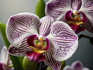 Beautiful white to purple orchid flowers photographed close up during the day with dark lighting