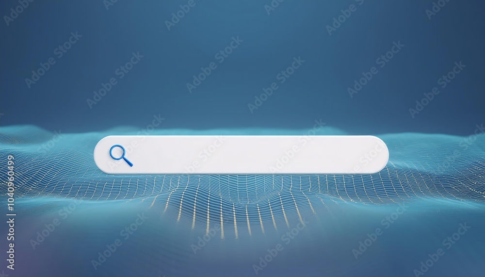 Poster a minimalistic search bar is displayed against a blue background with a digital pattern, suggesting 