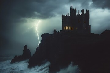 Fototapeta premium Gothic style castle towering on a cliff on a dark and stormy night.