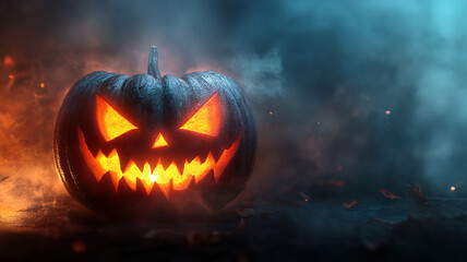 Naklejka premium A scary pumpkin with a scary face on it. The pumpkin is lit up with a light inside of it