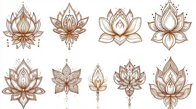 2410 123.A collection of beautifully drawn lotus flower patterns in mehndi style, featuring delicate linework and ornamental doodles. The symmetrical designs showcase traditional Indian motifs with