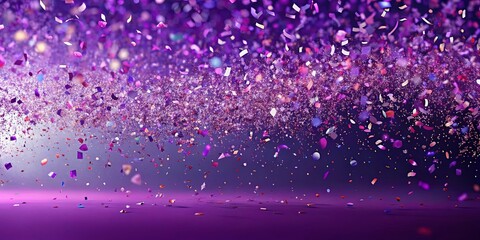 A shower of glittering confetti descends upon a vibrant purple surface, capturing the essence of joyous celebration and exuberant festivities.