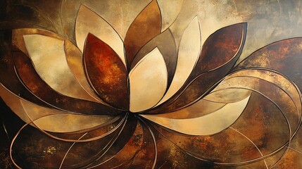 2410 134.A modern abstract painting in portrait orientation featuring a stylized lotus flower with flowing lines and soft, round shapes. The palette includes warm gold and brown tones, with prominent