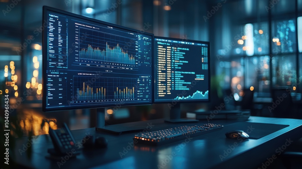 Poster dual monitors displaying financial data in a modern office setting.