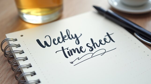 Weekly time sheet with pen and drink on office desk