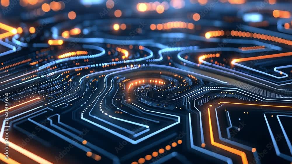 Poster intricate circuit design illuminated with vibrant orange and blue lights showcasing technology and i