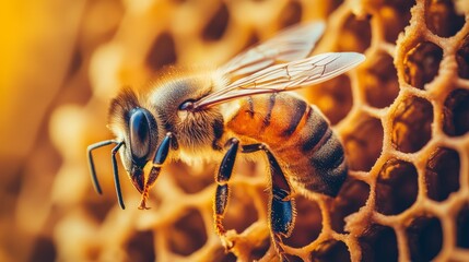 A Close-Up View of a Honeybee on a Honeycomb