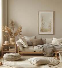 「居心地の良いミニマルなリビングルームインテリア。中間色でまとめられ、快適なソファ、クッション、スタイリッシュな装飾品が置かれています。温かみのある魅力的な雰囲気を演出します。
