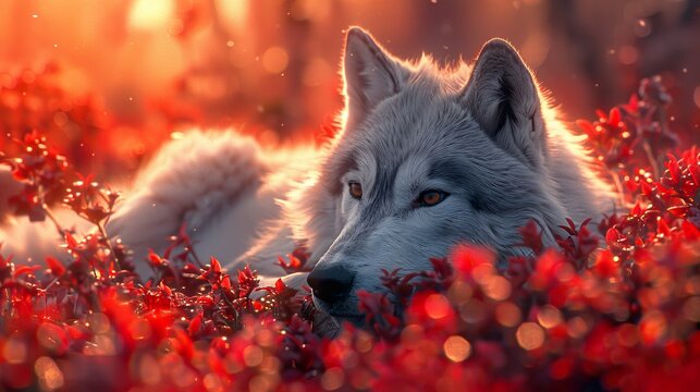 Majestic Wolf in Red Leaves: A Moment of Tranquility