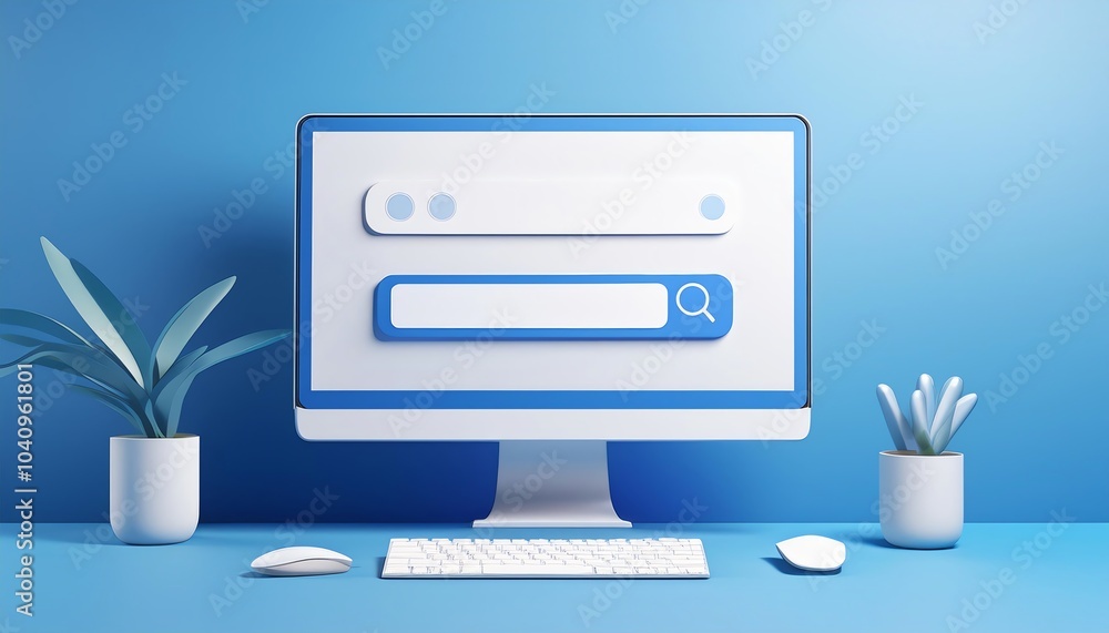 Poster a modern computer setup featuring a large monitor with search elements and plants, set against a blu