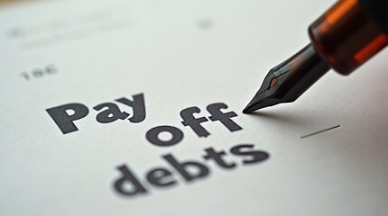 Macro view of 'Pay off debts' text with fountain pen