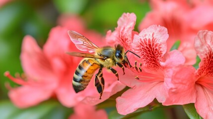 Honeybee Gathering Nectar from Pink Azalea Blossom