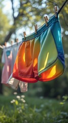 Colorful sports shorts hanging on a clothesline in sunny garden