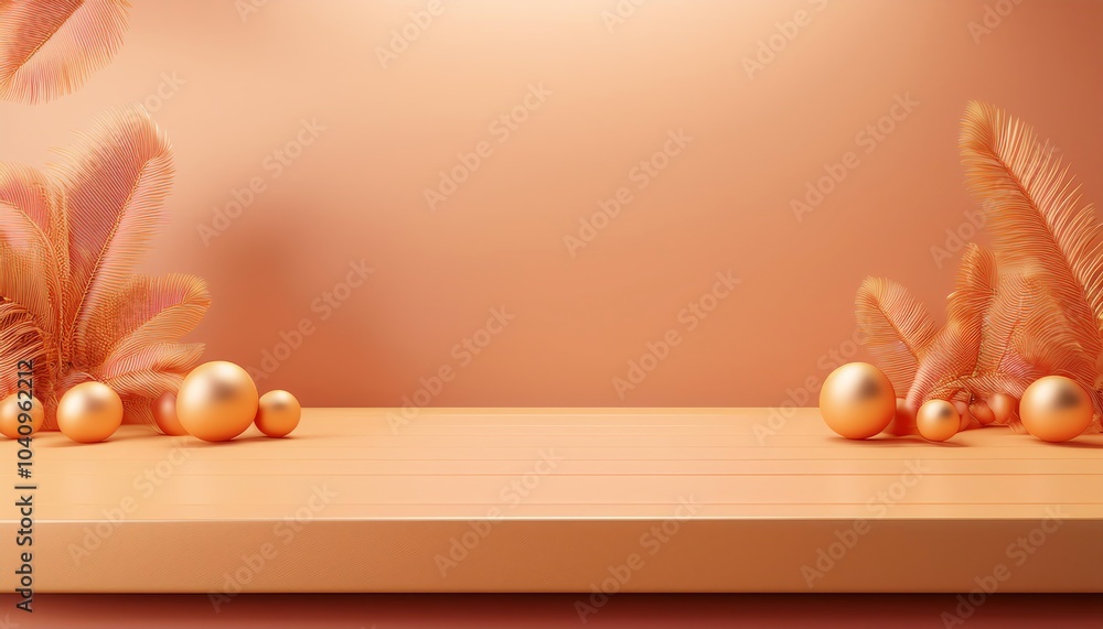 Aufkleber a soft peach background features elegant golden spheres and delicate fronds, creating a sophisticate