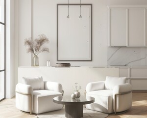 「モダンでミニマルな白いキッチンインテリア。快適なアームチェア2脚、コーヒーテーブル、そして白い額縁。インテリアデザインのプロジェクトを展示するのに最適！」
