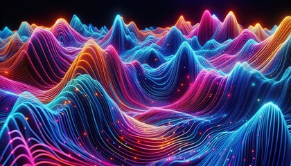 Hyper-Realistic Neon Wave Landscape: Futuristic Digital Artwork Featuring Vibrant Flowing Data Waves, Glowing Vertical Light Beams, and Dynamic Multi-Colored Lines in a Dark Setting
