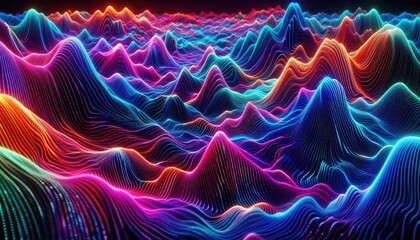 Obraz premium Hyper-Realistic Neon Wave Landscape: Futuristic Digital Artwork Featuring Vibrant Flowing Data Waves, Glowing Vertical Light Beams, and Dynamic Multi-Colored Lines in a Dark Setting