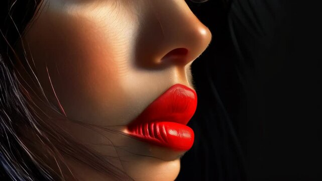 A close-up of a woman's profile showcasing bold red lips and dramatic makeup under soft lighting