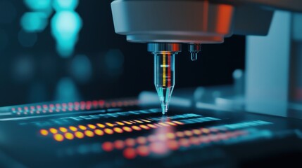 A macro shot of a DNA sequencing machine analyzing genetic samples, Genetic sequencing technology style, photo of