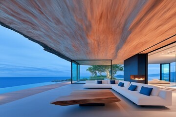 Fototapeta premium Luxury beachfront lounge with panoramic ocean view